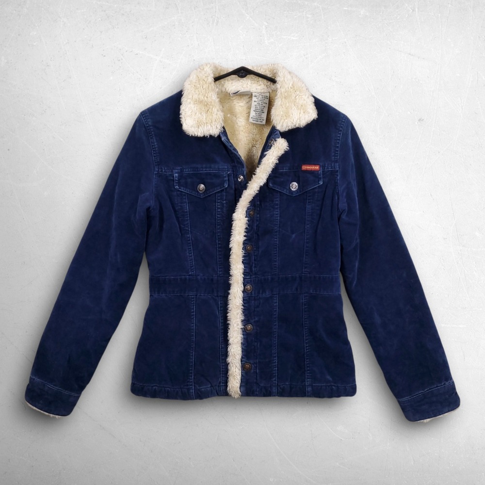 VTG Y2K Roxy Corduroy Faux Fur Lined Trucker Jacket Women S Blue Retro Surf Boho